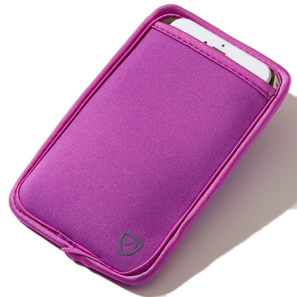 Purple phone pouch with elastic edge and small front logo, phone visible at top.