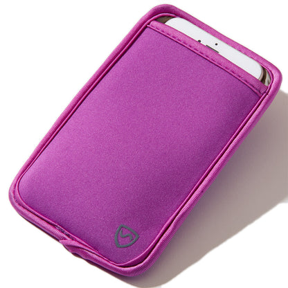 Purple phone pouch with elastic edge and small front logo, phone visible at top.