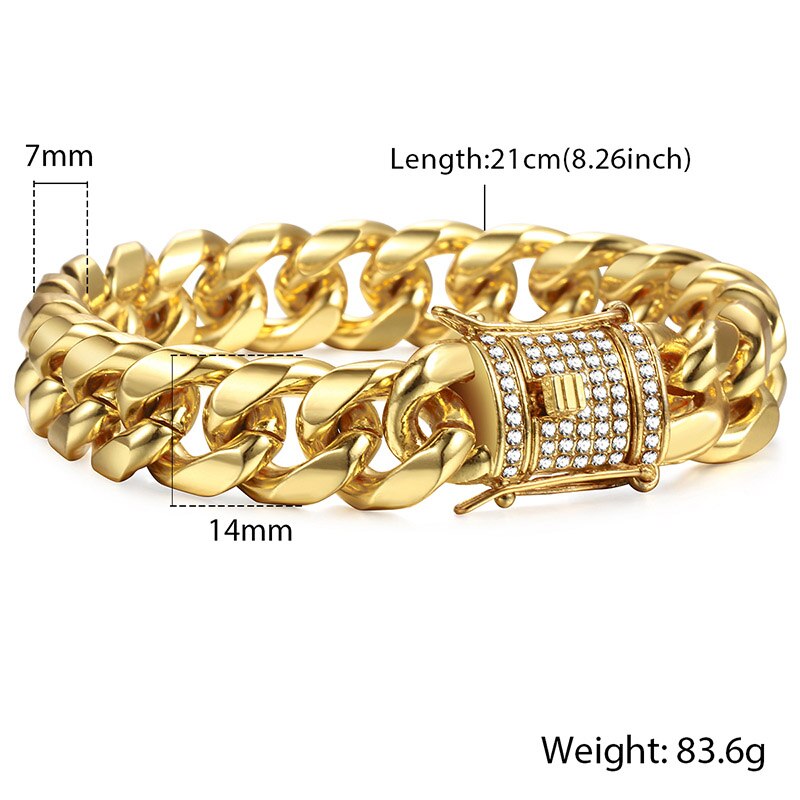 Gold curb Cuban bracelet with chunky textured links and rhinestone cuff detail