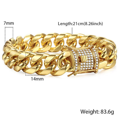 Gold curb Cuban bracelet with chunky textured links and rhinestone cuff detail