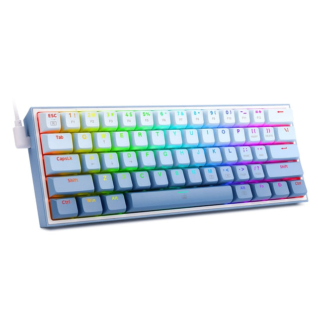 Mini wired gaming keyboard with white keycaps and RGB backlighting on compact body