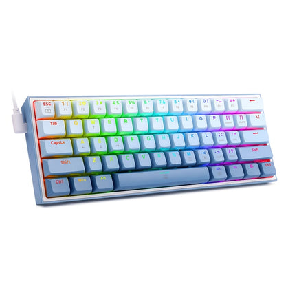 Mini wired gaming keyboard with white keycaps and RGB backlighting on compact body