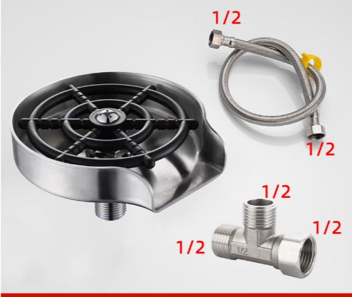 Automatic cup washer kit with black base, flexible hose, and tee connector