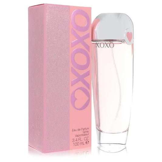 Xoxo women's perfume spray bottle with pink box, clear glass and heart detail silver cap