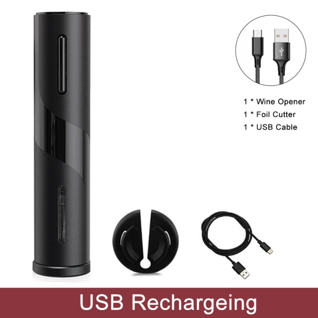 Rechargeable wine bottle opener, black with foil cutter, stopper, and USB charging cable
