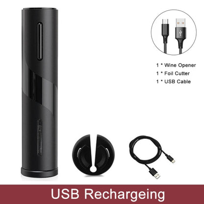 Rechargeable wine bottle opener, black with foil cutter, stopper, and USB charging cable