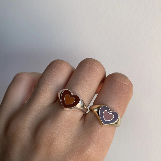 Heart enamel ring with dark red center and gold-tone frame