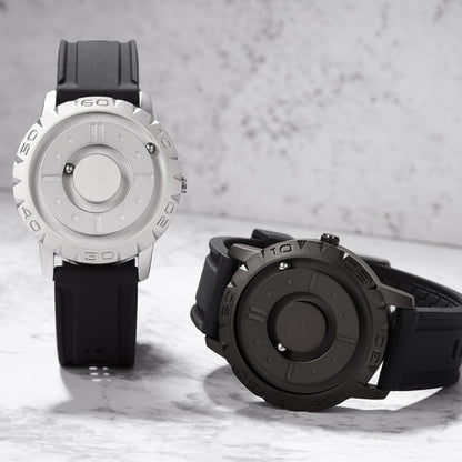Men’s magnetic pointer watch pair with black rubber strap and silver-toned face and bezel