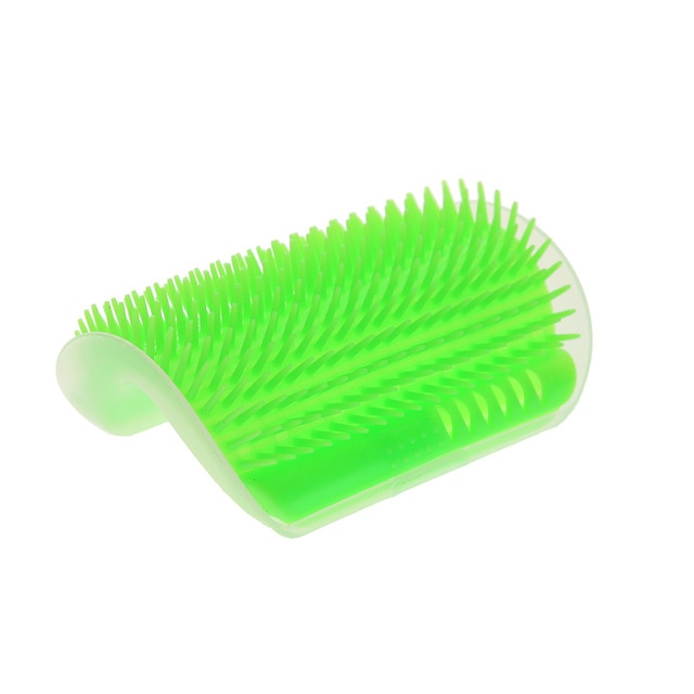 Cat self-groomer corner brush with green bristles and light green base