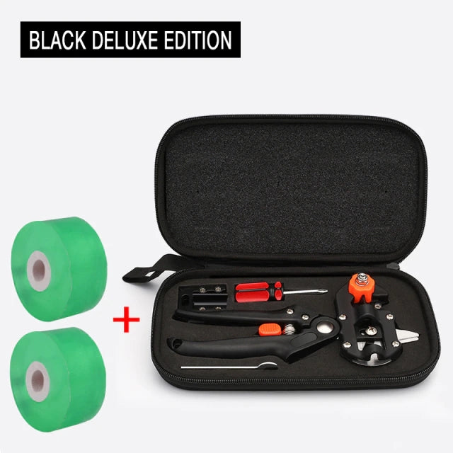 Pruning shears tool set with orange/red accents, green tape rolls, in black zip case