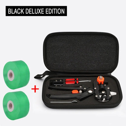 Pruning shears tool set with orange/red accents, green tape rolls, in black zip case