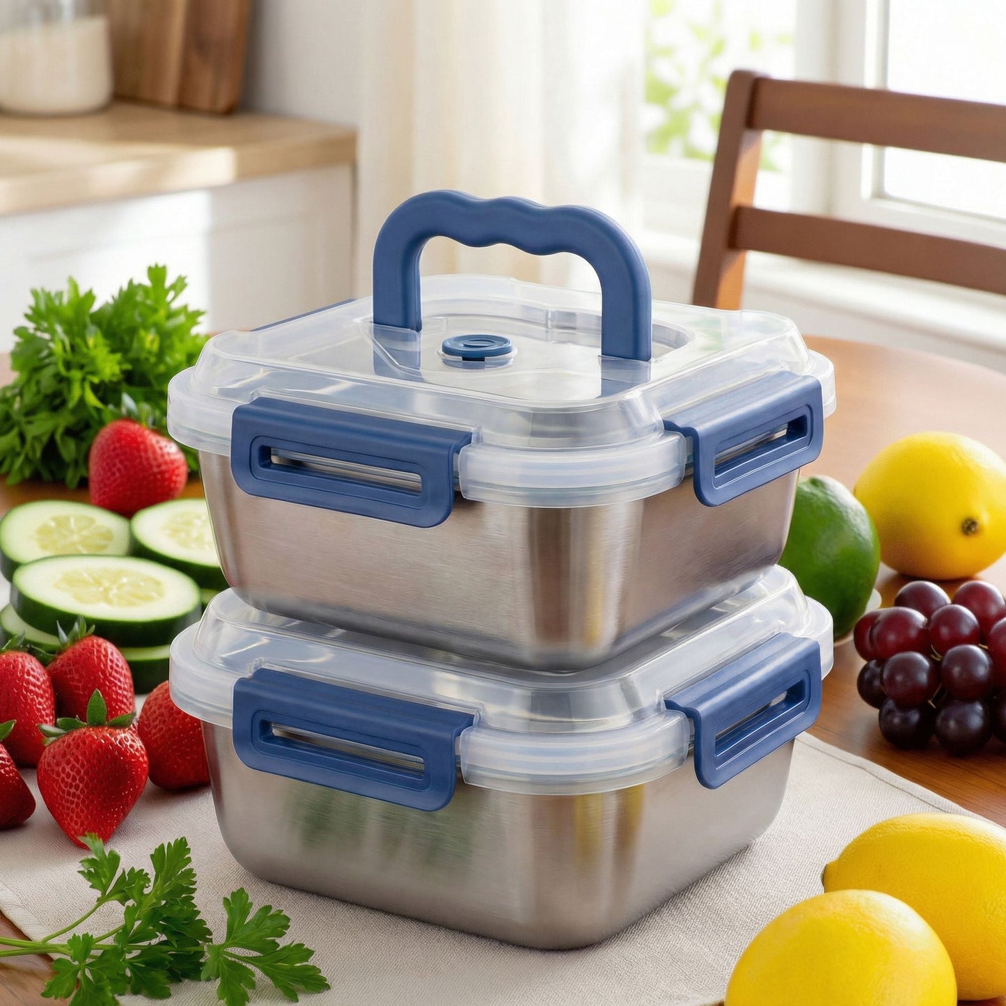 Yakimoto 2/4/6/8/10 PCS Extra-Large Stainless Steel Food Storage Containers With Blue Lids - Deep Design, Airtight Seal, Perfect For Refrigerator Organization, Meal Prep, Lunch Boxes & Kitchen Pantry - Renee Lane Company