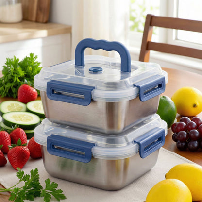 Yakimoto 2/4/6/8/10 PCS Extra-Large Stainless Steel Food Storage Containers With Blue Lids - Deep Design, Airtight Seal, Perfect For Refrigerator Organization, Meal Prep, Lunch Boxes & Kitchen Pantry - Renee Lane Company
