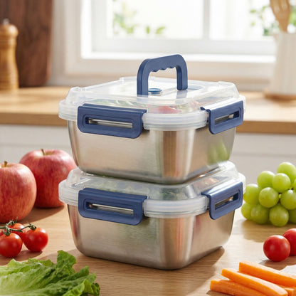 Yakimoto 2/4/6/8/10 PCS Extra-Large Stainless Steel Food Storage Containers With Blue Lids - Deep Design, Airtight Seal, Perfect For Refrigerator Organization, Meal Prep, Lunch Boxes & Kitchen Pantry - Renee Lane Company