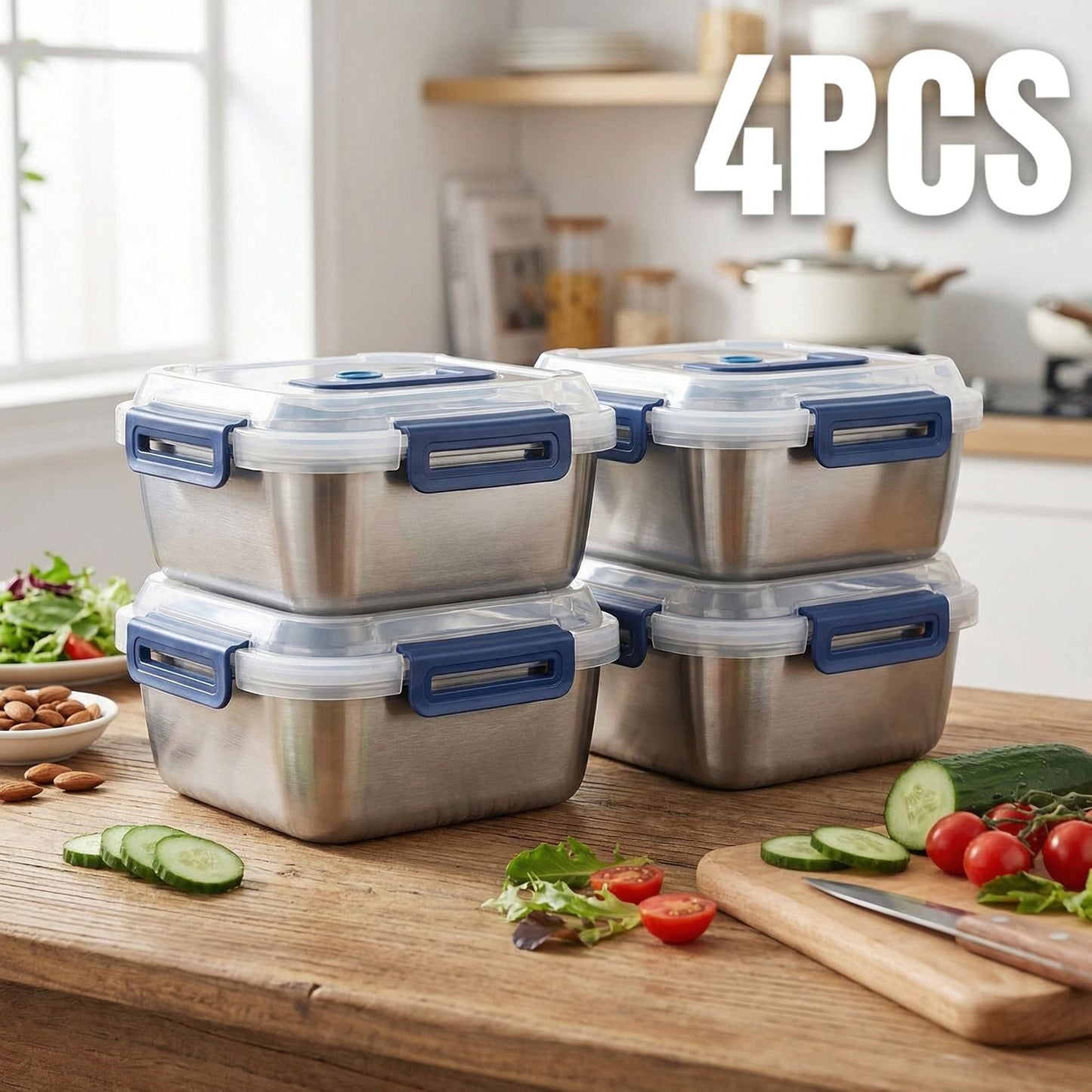Yakimoto 2/4/6/8/10 PCS Extra-Large Stainless Steel Food Storage Containers With Blue Lids - Deep Design, Airtight Seal, Perfect For Refrigerator Organization, Meal Prep, Lunch Boxes & Kitchen Pantry - Renee Lane Company