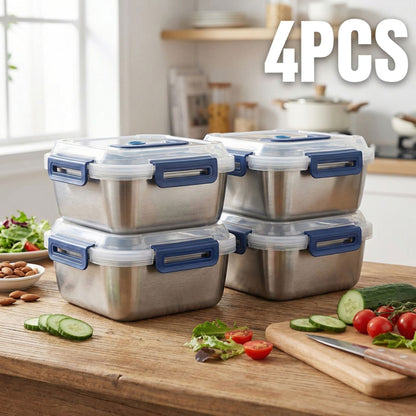 Yakimoto 2/4/6/8/10 PCS Extra-Large Stainless Steel Food Storage Containers With Blue Lids - Deep Design, Airtight Seal, Perfect For Refrigerator Organization, Meal Prep, Lunch Boxes & Kitchen Pantry - Renee Lane Company