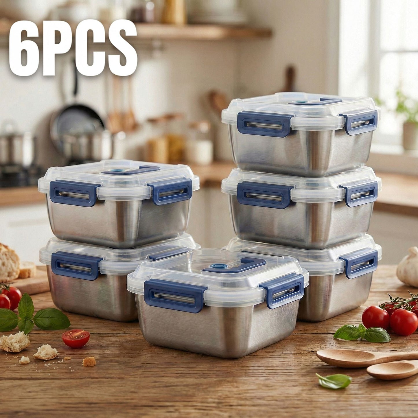 Yakimoto 2/4/6/8/10 PCS Extra-Large Stainless Steel Food Storage Containers With Blue Lids - Deep Design, Airtight Seal, Perfect For Refrigerator Organization, Meal Prep, Lunch Boxes & Kitchen Pantry - Renee Lane Company