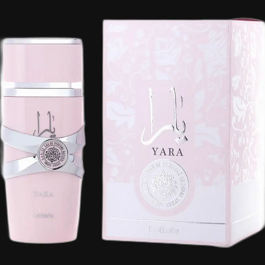 Women's Yara perfume bottle, pink cap and silver emblem on light pink glass.