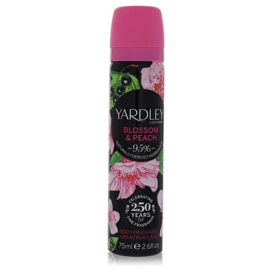 Perfume spray bottle showing front label and pink cap, Yardley Blossom & Peach