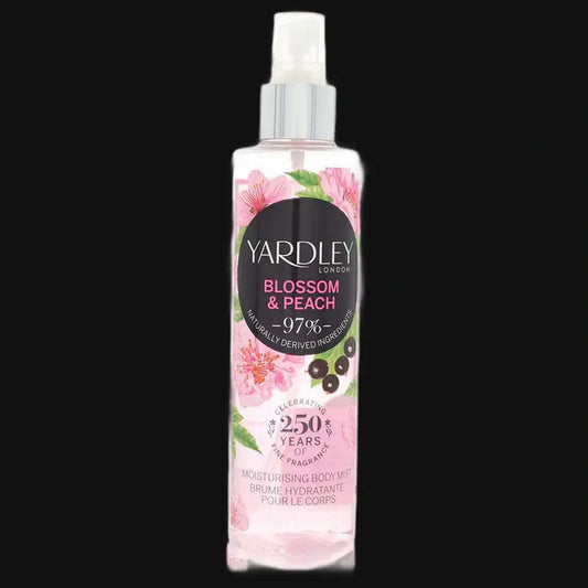 Yardley Blossom & Peach moisturizing mist bottle with clear spray pump