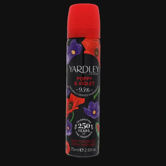Women's perfume bottle with red cap and Yardley Poppy & Violet front label