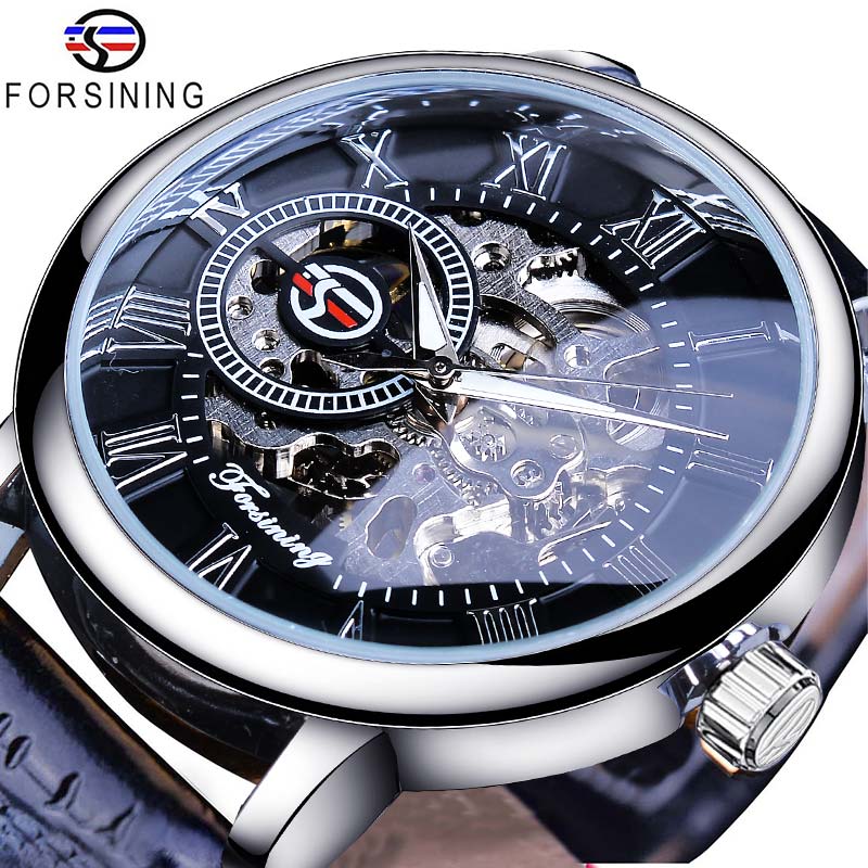 Men mechanical watch, silver case, dark skeleton dial, blue-black leather strap