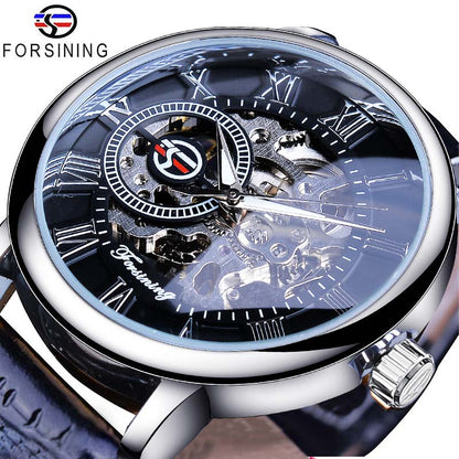 Men mechanical watch, silver case, dark skeleton dial, blue-black leather strap