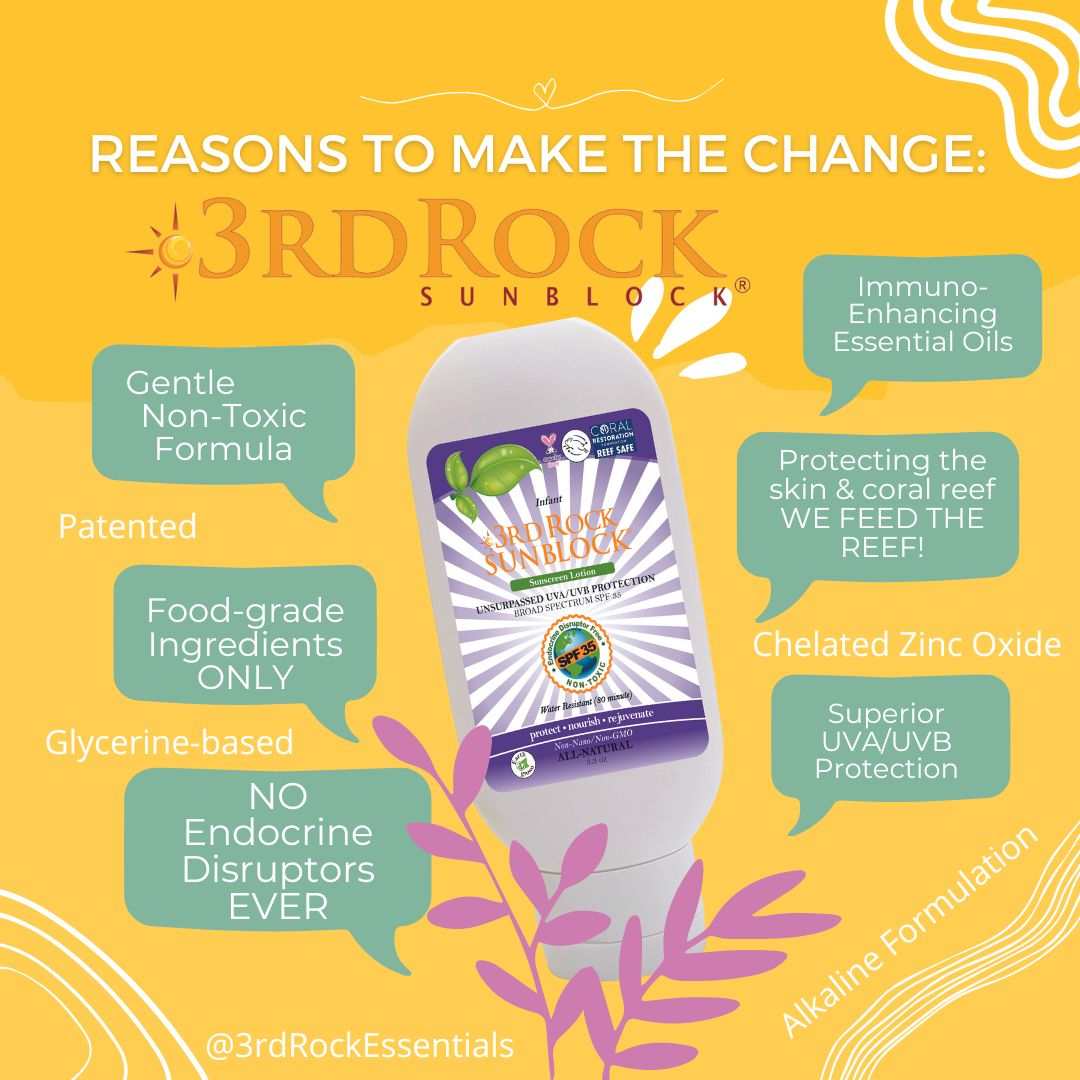 Infant sunscreen bottle with purple label on a reasons infographic card.