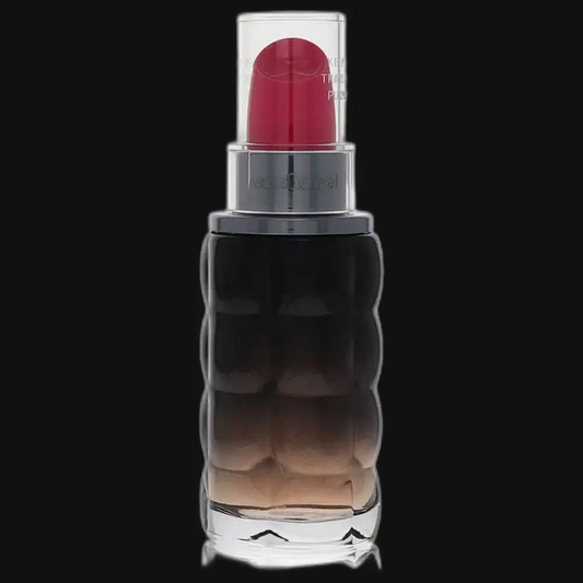 Women's perfume bottle with pink-red cap and silver collar, black translucent base