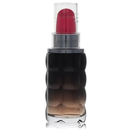 Women's perfume bottle front view with pink-red spray top and black glass body