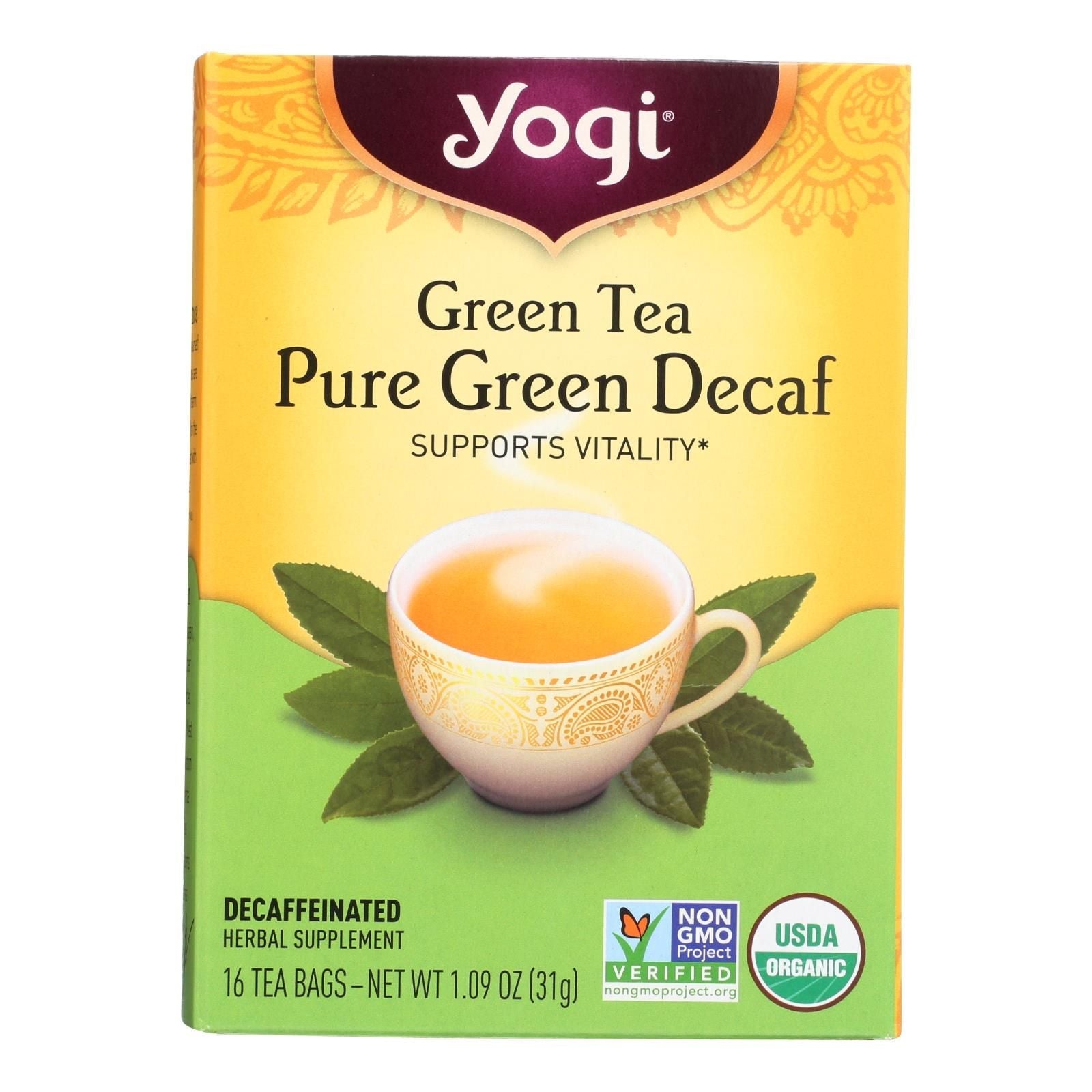 Yogi Organic Green Tea Caffeine Free - 16 Tea Bags - Case Of 6 - Renee Lane Company