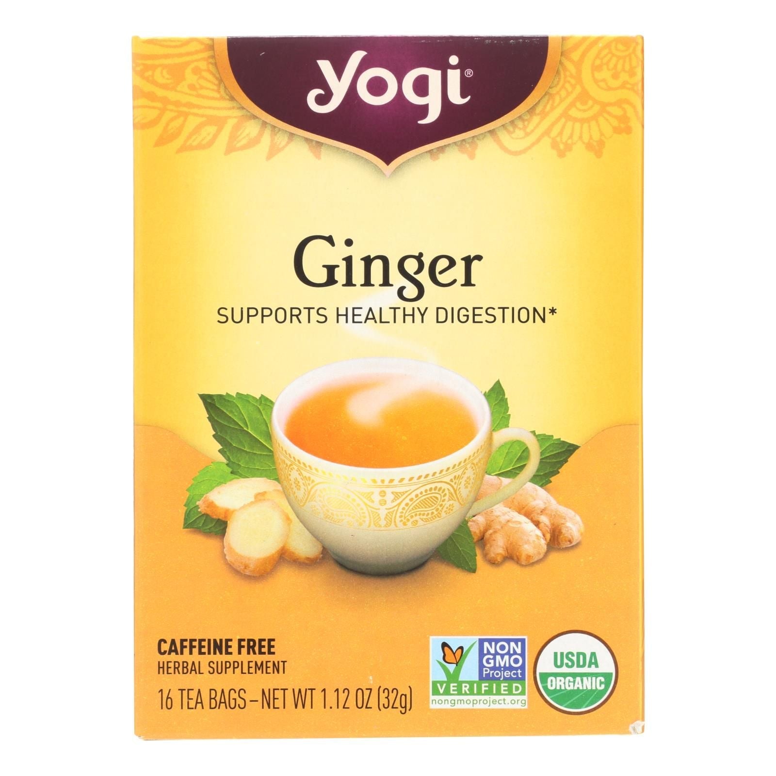 Yogi Organic Herbal Tea Caffeine Free Ginger - 16 Tea Bags - Case Of 6 - Renee Lane Company