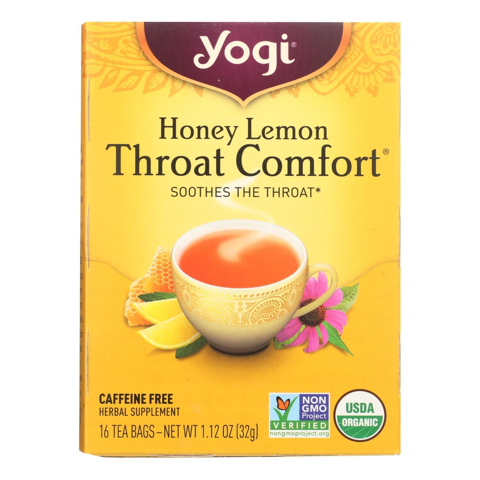 Yogi Throat Comfort Herbal Tea Caffeine Free Honey Lemon - 16 Tea Bags - Case Of 6 - Renee Lane Company