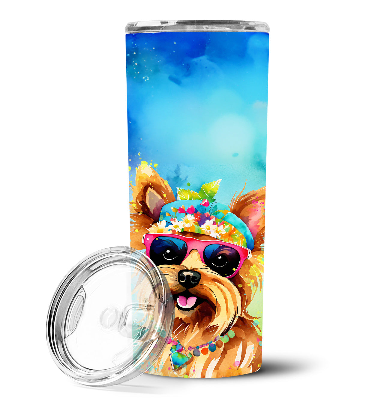 Yorkshire Terrier Hippie Dawg Stainless Steel Skinny Tumbler Vacuum Double Walled Reusable Insulated Tumbler Travel Cup for Coffee Cocktails Gift with Lid, 20 oz - Renee Lane Company