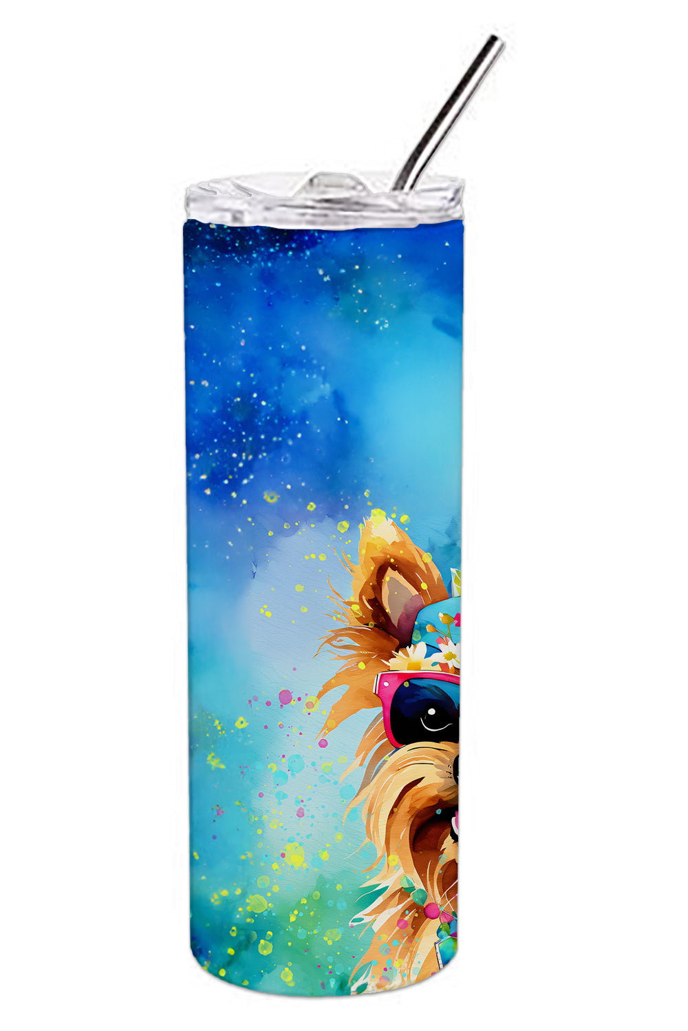 Yorkshire Terrier Hippie Dawg Stainless Steel Skinny Tumbler Vacuum Double Walled Reusable Insulated Tumbler Travel Cup for Coffee Cocktails Gift with Lid, 20 oz - Renee Lane Company