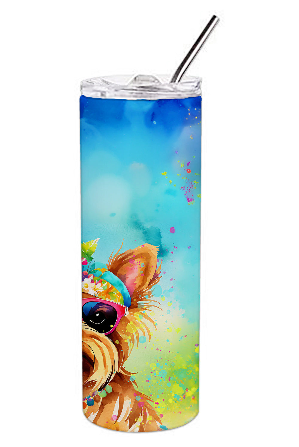 Yorkshire Terrier Hippie Dawg Stainless Steel Skinny Tumbler Vacuum Double Walled Reusable Insulated Tumbler Travel Cup for Coffee Cocktails Gift with Lid, 20 oz - Renee Lane Company