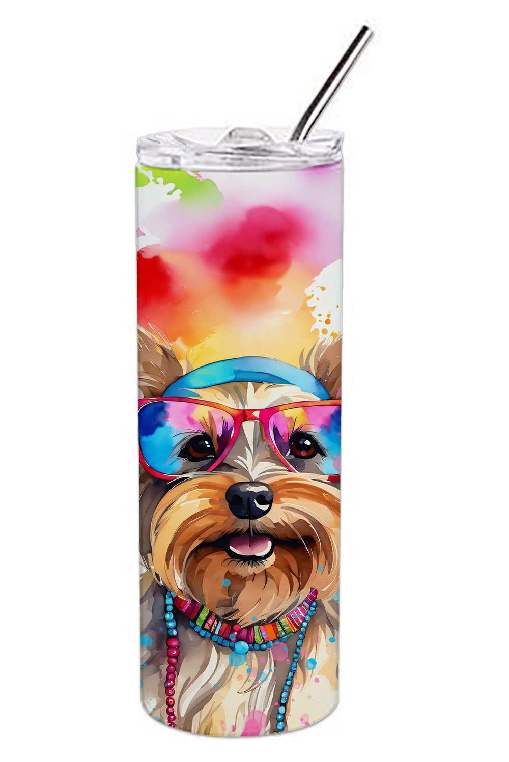 Yorkshire Terrier Hippie Dawg Stainless Steel Skinny Tumbler Vacuum Double Walled Reusable Insulated Tumbler Travel Cup for Coffee Cocktails Gift with Lid, 20 oz - Renee Lane Company