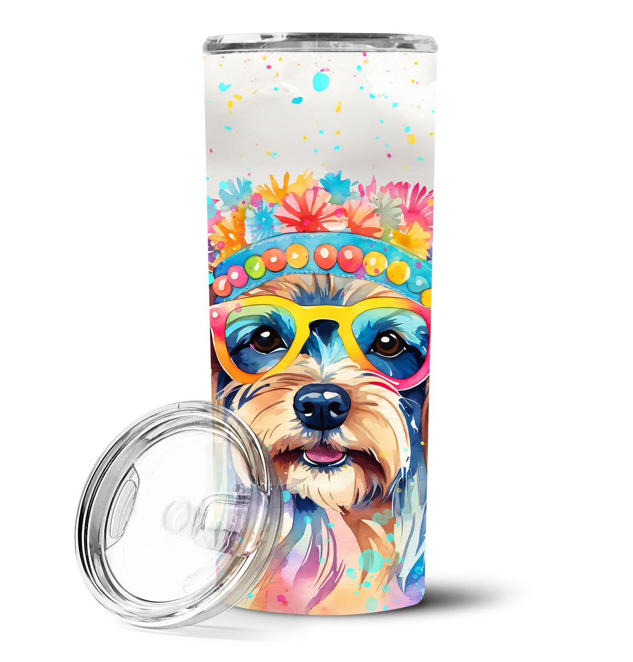 Yorkshire Terrier Hippie Dawg Stainless Steel Skinny Tumbler Vacuum Double Walled Reusable Insulated Tumbler Travel Cup for Coffee Cocktails Gift with Lid, 20 oz - Renee Lane Company