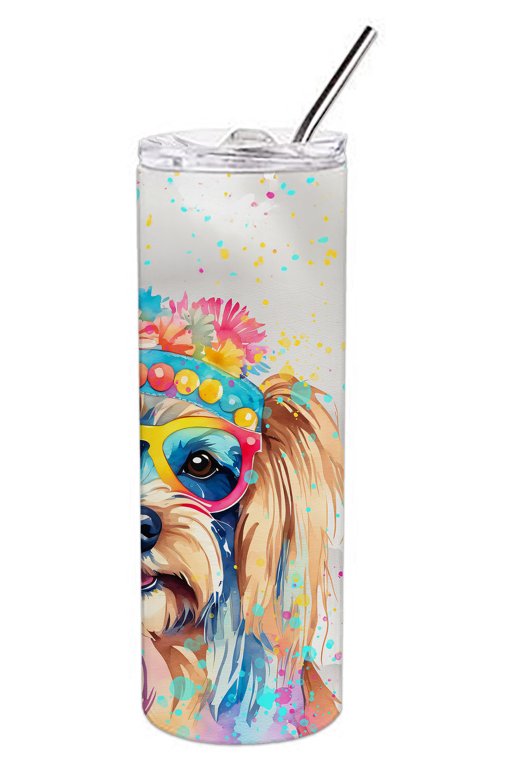 Yorkshire Terrier Hippie Dawg Stainless Steel Skinny Tumbler Vacuum Double Walled Reusable Insulated Tumbler Travel Cup for Coffee Cocktails Gift with Lid, 20 oz - Renee Lane Company