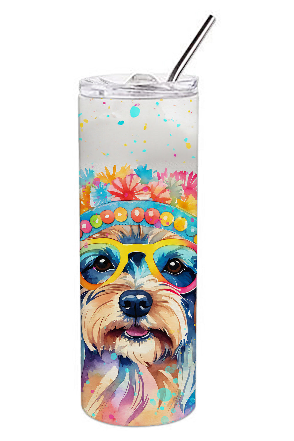 Yorkshire Terrier Hippie Dawg Stainless Steel Skinny Tumbler Vacuum Double Walled Reusable Insulated Tumbler Travel Cup for Coffee Cocktails Gift with Lid, 20 oz - Renee Lane Company