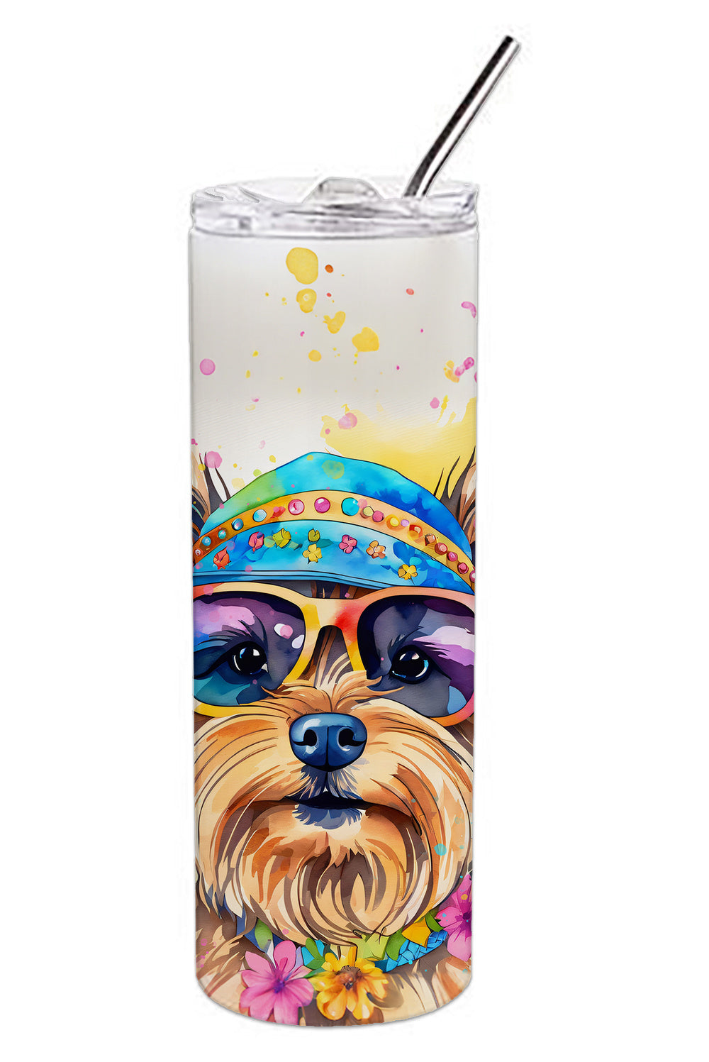 Yorkshire Terrier Hippie Dawg Stainless Steel Skinny Tumbler Vacuum Double Walled Reusable Insulated Tumbler Travel Cup for Coffee Cocktails Gift with Lid, 20 oz - Renee Lane Company