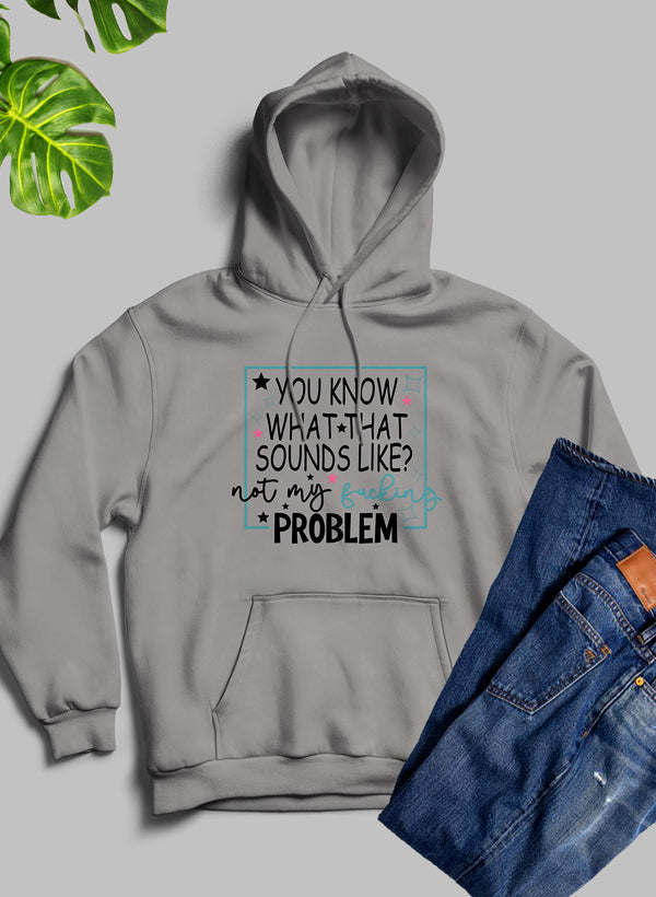 Gray pullover hoodie with front pocket and chest graphic text