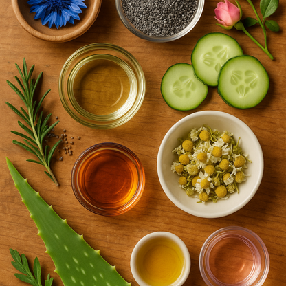 Skincare oils and ingredients in jars with cucumber slices, herbs, and flowers