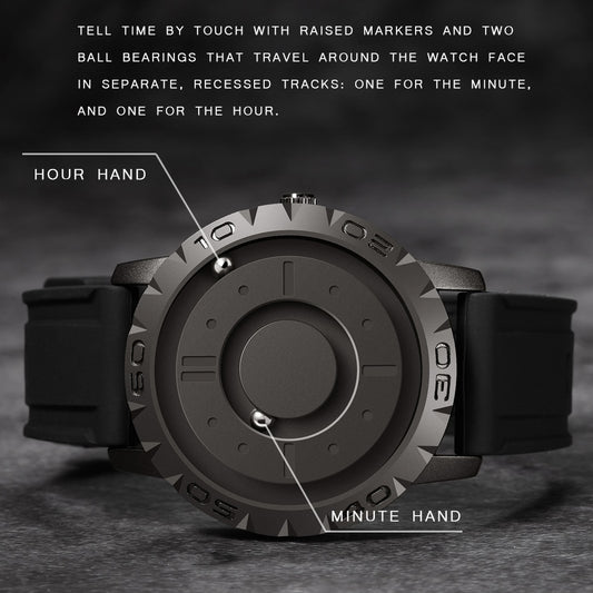 Men’s magnetic pointer watch with dark face, raised markers, and two ball-bearing hands