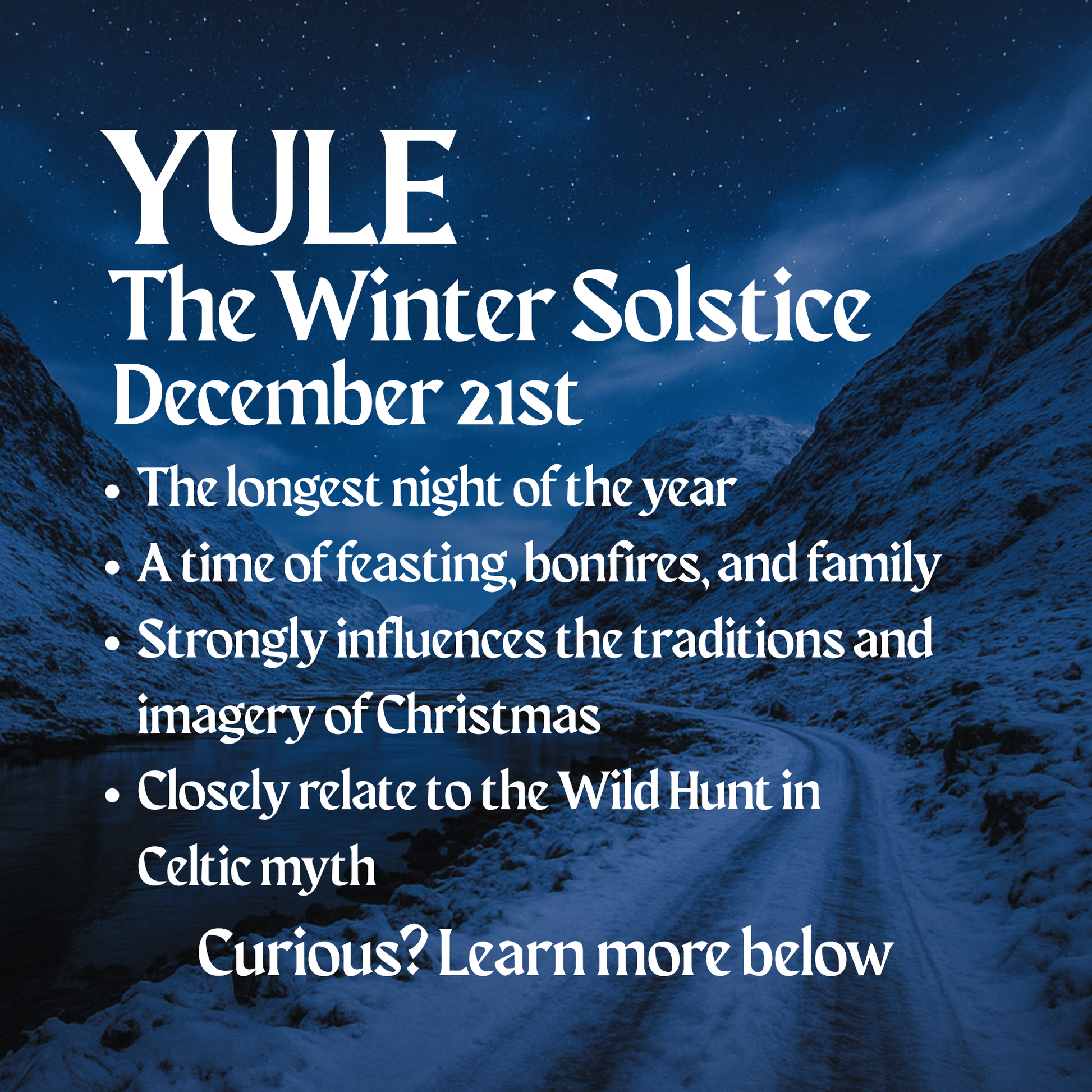 Yule winter solstice December 21st text poster with bullet points
