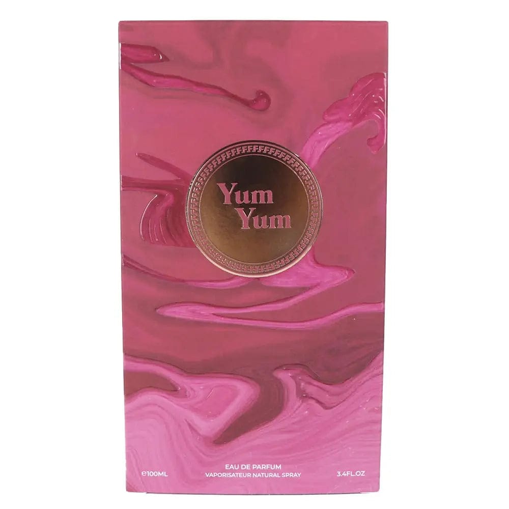 Yum Yum eau de parfum box, pink abstract artwork with Yum Yum logo