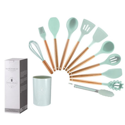 Teal silicone cooking utensil set with wooden handles, plus storage cup and box