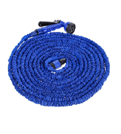 Blue flexible garden hose with spray nozzle head and coiled expandable tubing