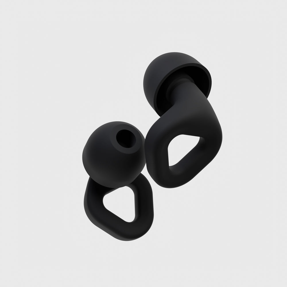 Onyx black earplugs with ergonomic dual-flange tips, shown as a pair
