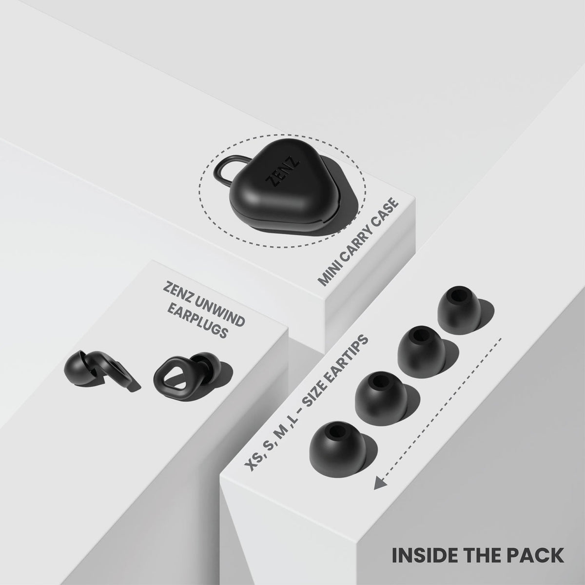 Earplugs set with mini carry case and multiple black silicone tips